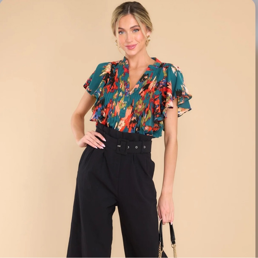 Red dress boutique LET'S KEEP IN TOUCH TEAL MULTI PRINT TOP